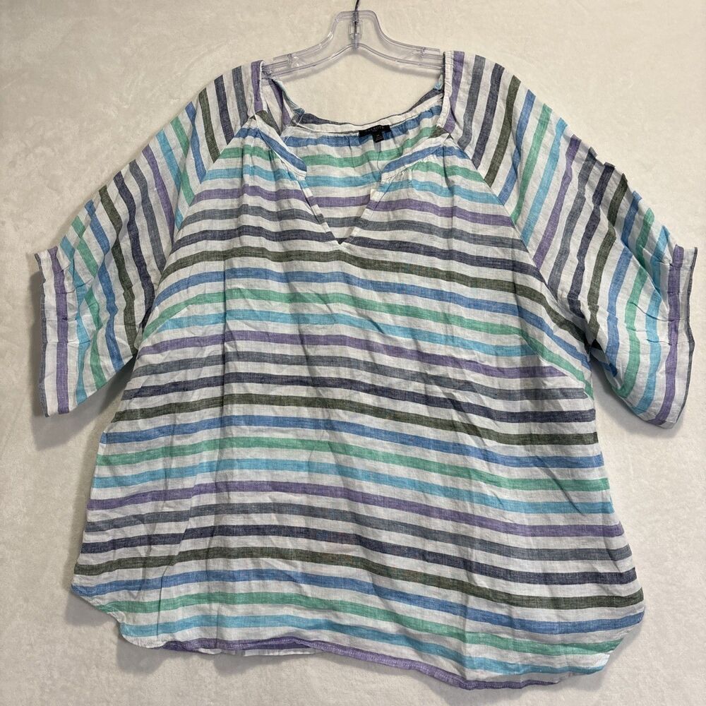 Talbots Plus Women's 3X Striped Linen Short Sleeve Top V Split Neck Blouse Shirt